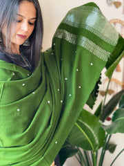 Green Handwoven Woollen Shawl with Mirror Handwork and Zari Pallu