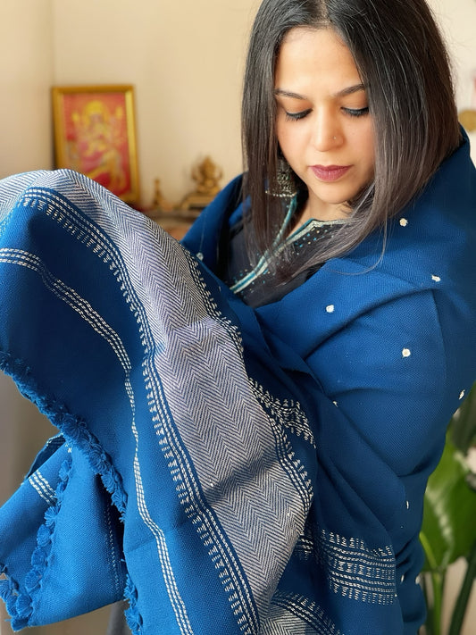 Teal Blue Handwoven Woollen Shawl with Mirror Handwork and Zari Pallu