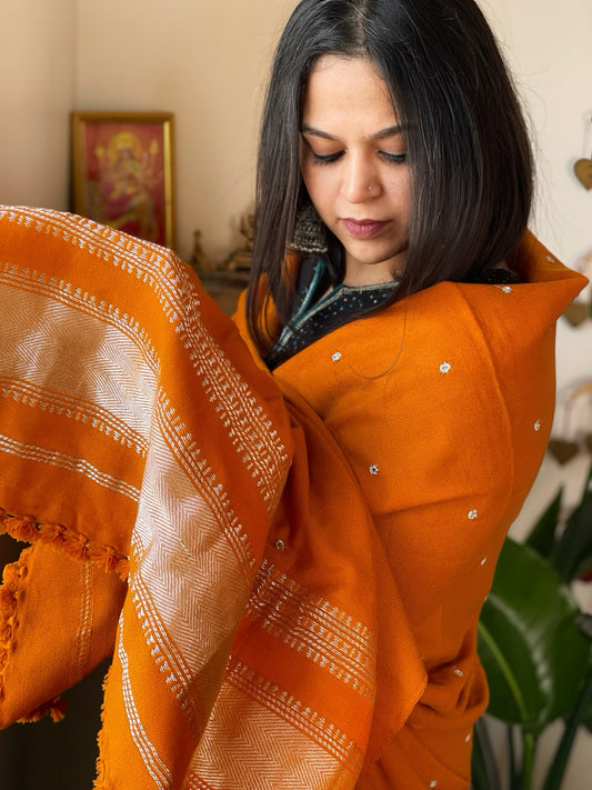 Haldi Yellow Handwoven Woollen Shawl with Mirror Handwork and Zari Pallu