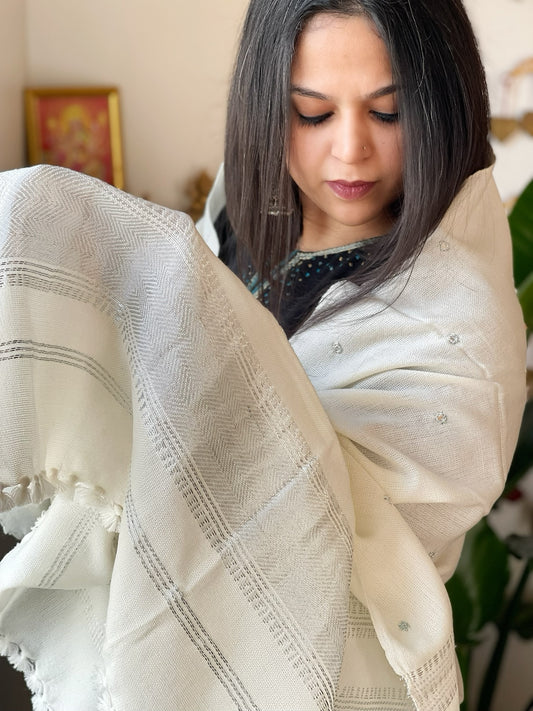 Off-White Handwoven Woollen Shawl with Mirror Handwork and Zari Pallu