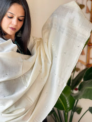 Off-White Handwoven Woollen Shawl with Mirror Handwork and Zari Pallu