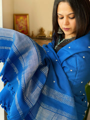 Blue Handwoven Woollen Shawl with Mirror Handwork and Zari Pallu