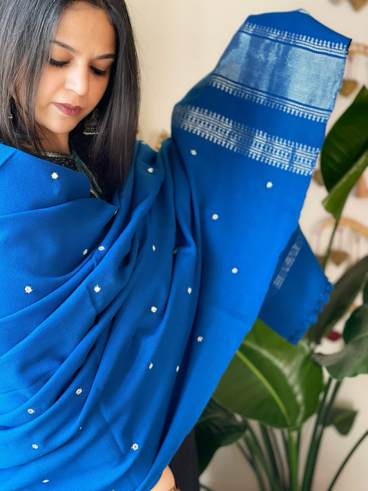 Blue Handwoven Woollen Shawl with Mirror Handwork and Zari Pallu