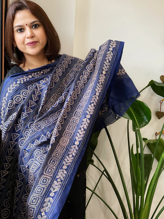 Blue Handmade Kantha Dupatta in Silk
