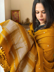 Mustard Handwoven Woollen Shawl with Mirror Handwork and Zari Pallu