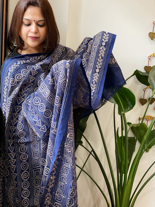 Blue Handmade Kantha Dupatta in Silk