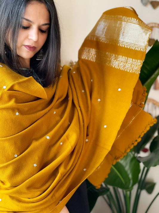 Mustard Handwoven Woollen Shawl with Mirror Handwork and Zari Pallu