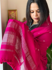 Hot Pink Handwoven Woollen Shawl with Mirror Handwork and Zari Pallu