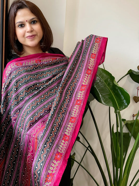 Deep Green and Pink Handmade Kantha Dupatta in Silk