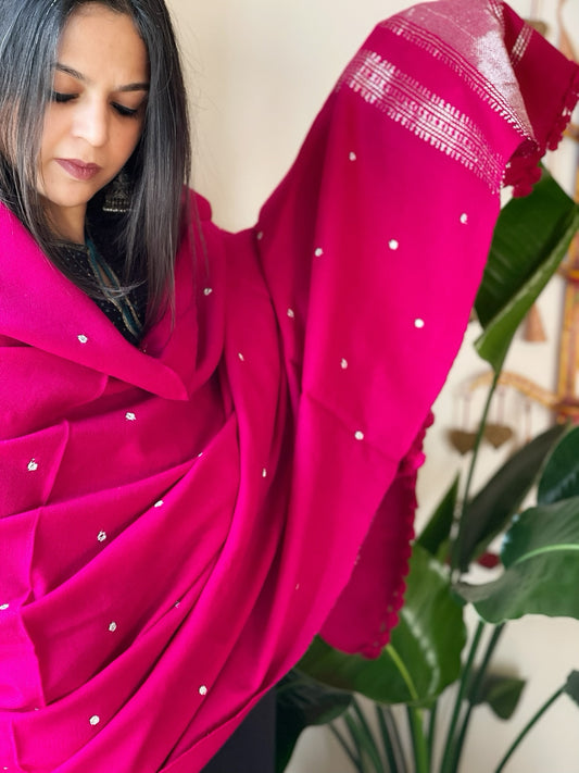 Hot Pink Handwoven Woollen Shawl with Mirror Handwork and Zari Pallu