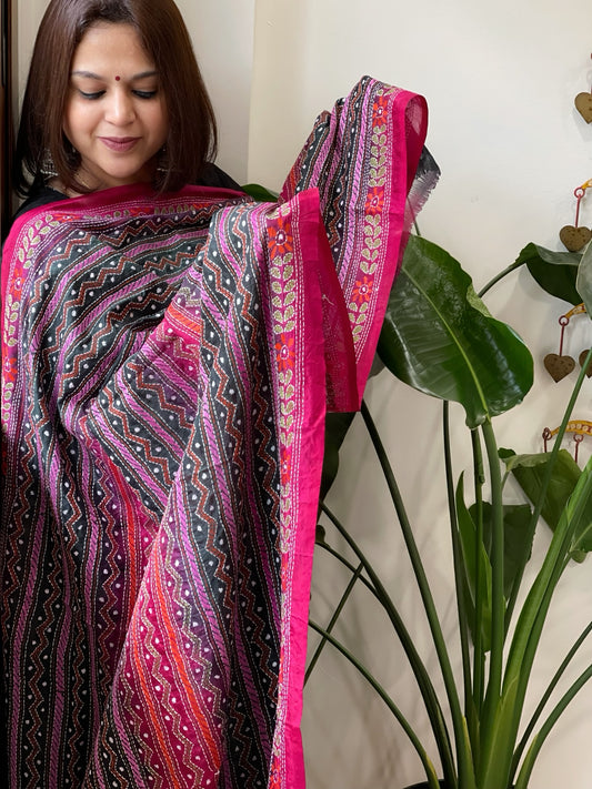 Deep Green and Pink Handmade Kantha Dupatta in Silk