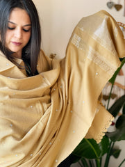 Beige Handwoven Woollen Shawl with Mirror Handwork and Zari Pallu