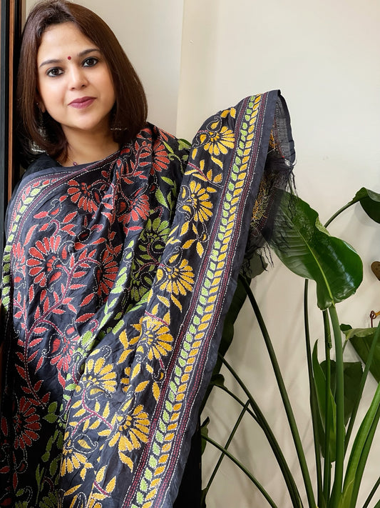 Black Handmade Kantha Dupatta in Silk