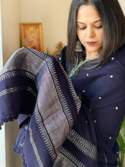 Navy Blue Handwoven Woollen Shawl with Mirror Handwork and Zari Pallu