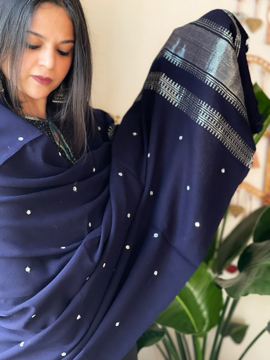 Navy Blue Handwoven Woollen Shawl with Mirror Handwork and Zari Pallu