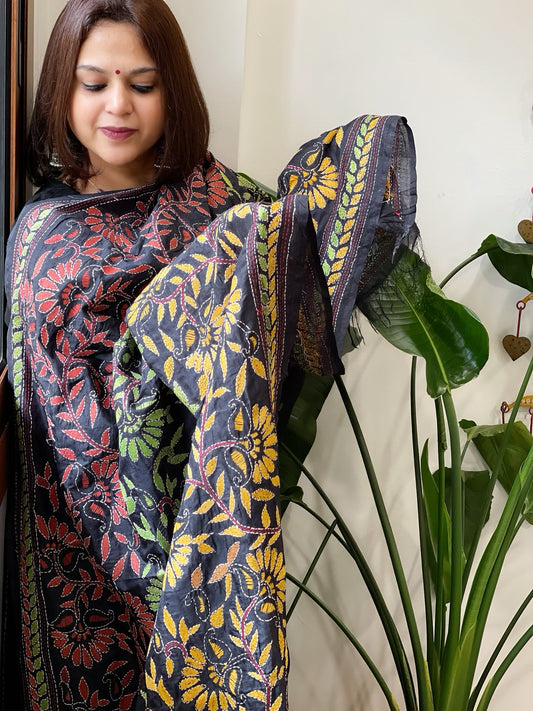 Black Handmade Kantha Dupatta in Silk