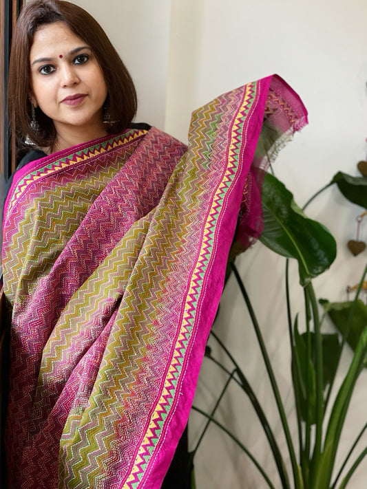 Green and Pink Handmade Kantha Dupatta in Silk