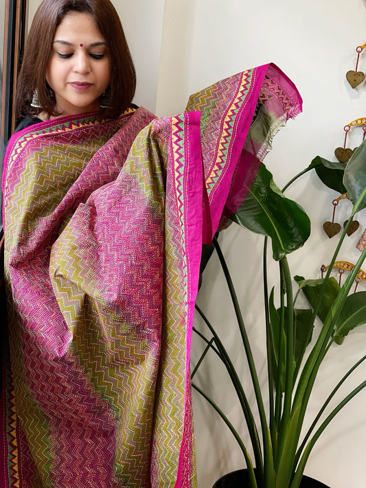 Green and Pink Handmade Kantha Dupatta in Silk
