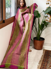 Green and Pink Handmade Kantha Dupatta in Silk