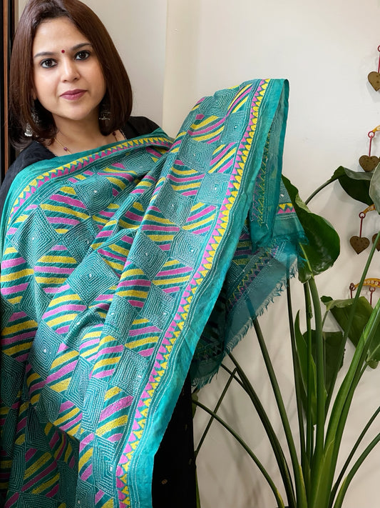 Turquoise Handmade Kantha Dupatta in Silk