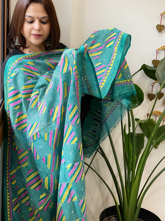 Turquoise Handmade Kantha Dupatta in Silk