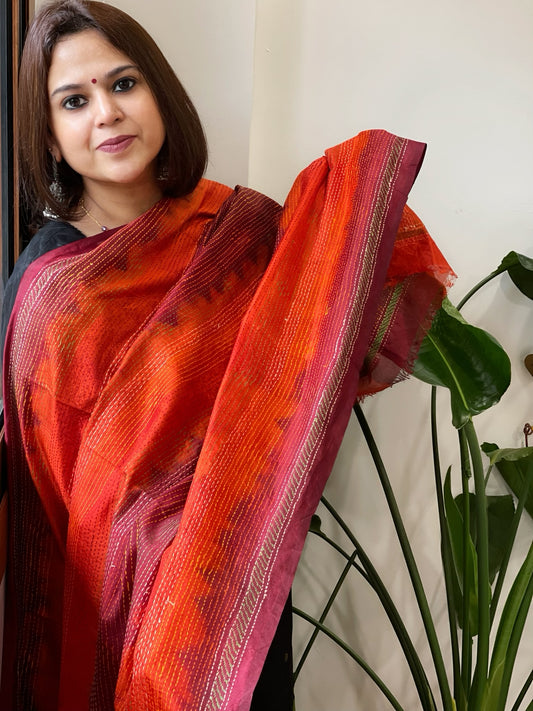 Orange and Maroon Handmade Kantha Dupatta in Silk
