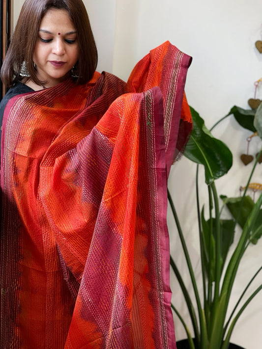 Orange and Maroon Handmade Kantha Dupatta in Silk