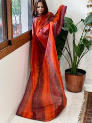 Orange and Maroon Handmade Kantha Dupatta in Silk