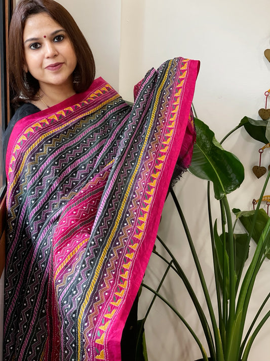 Deep Green and Pink Handmade Kantha Dupatta in Silk