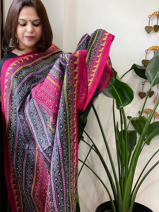 Deep Green and Pink Handmade Kantha Dupatta in Silk