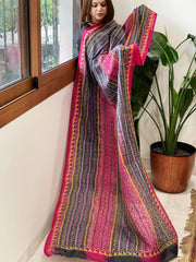Deep Green and Pink Handmade Kantha Dupatta in Silk
