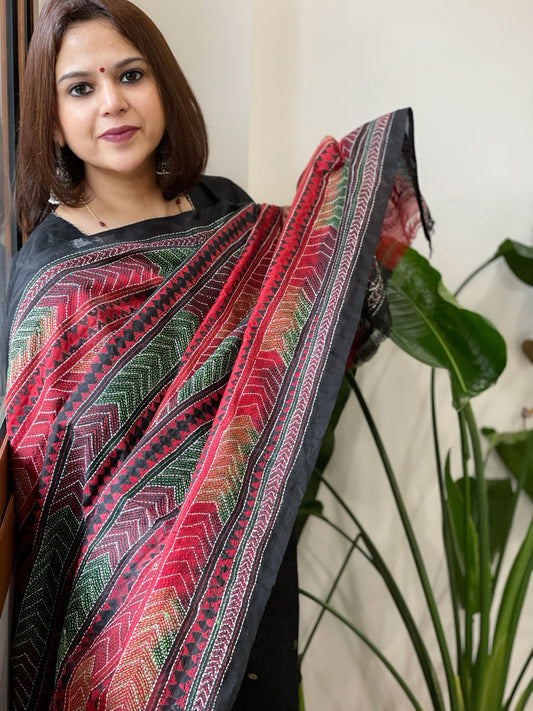 Red and Black Handmade Kantha Dupatta in Silk