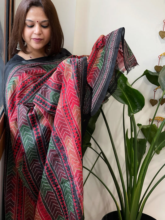 Red and Black Handmade Kantha Dupatta in Silk