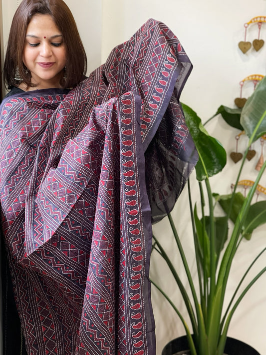 Deep Purple Handmade Kantha Dupatta in Silk