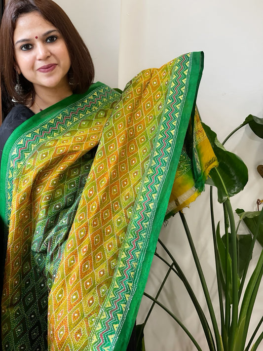 Yellow and Green Handmade Kantha Dupatta in Silk
