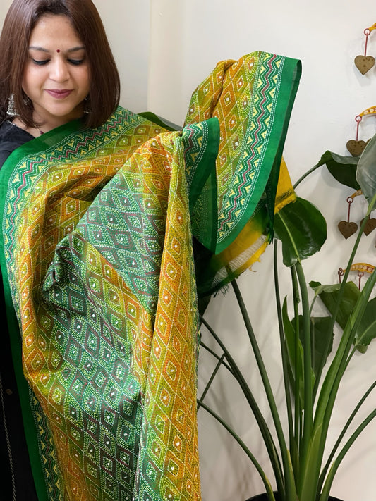 Yellow and Green Handmade Kantha Dupatta in Silk