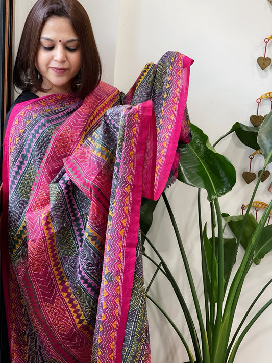 Pink and Green Handmade Kantha Dupatta in Silk