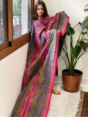 Pink and Green Handmade Kantha Dupatta in Silk