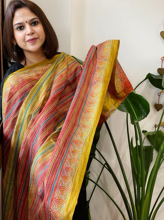 Rust and Greenish Yellow Handmade Kantha Dupatta in Silk