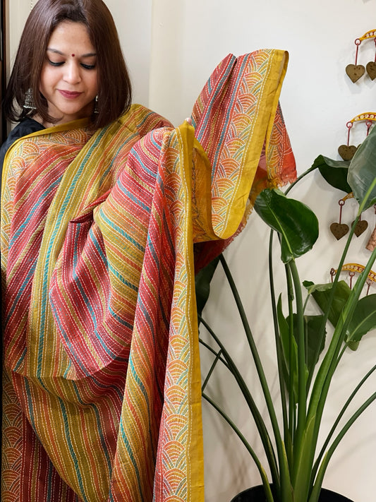 Rust and Greenish Yellow Handmade Kantha Dupatta in Silk