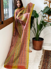 Rust and Greenish Yellow Handmade Kantha Dupatta in Silk