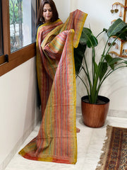 Rust and Greenish Yellow Handmade Kantha Dupatta in Silk