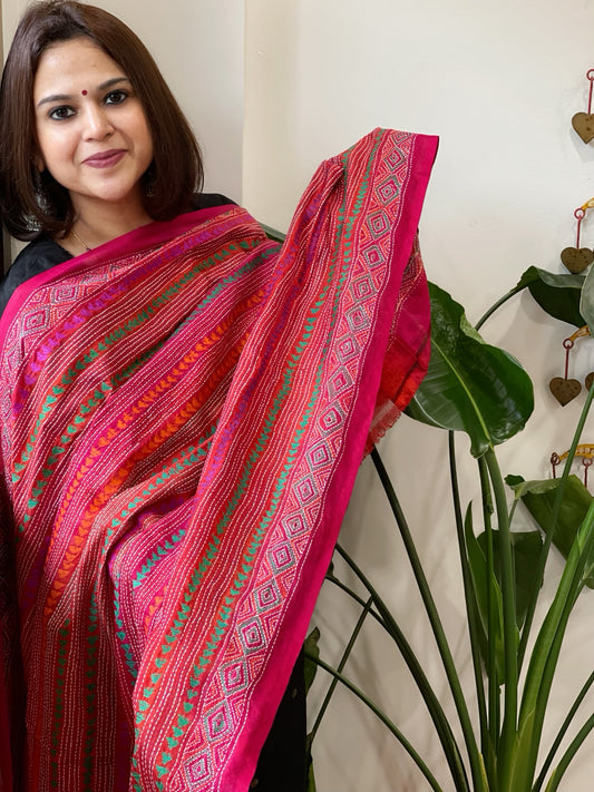 Orange and Pink Handmade Kantha Dupatta in Silk