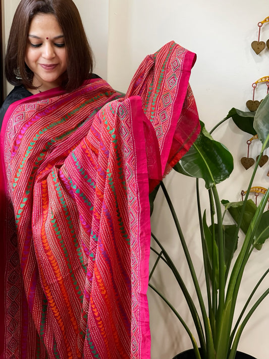 Orange and Pink Handmade Kantha Dupatta in Silk