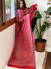 Orange and Pink Handmade Kantha Dupatta in Silk