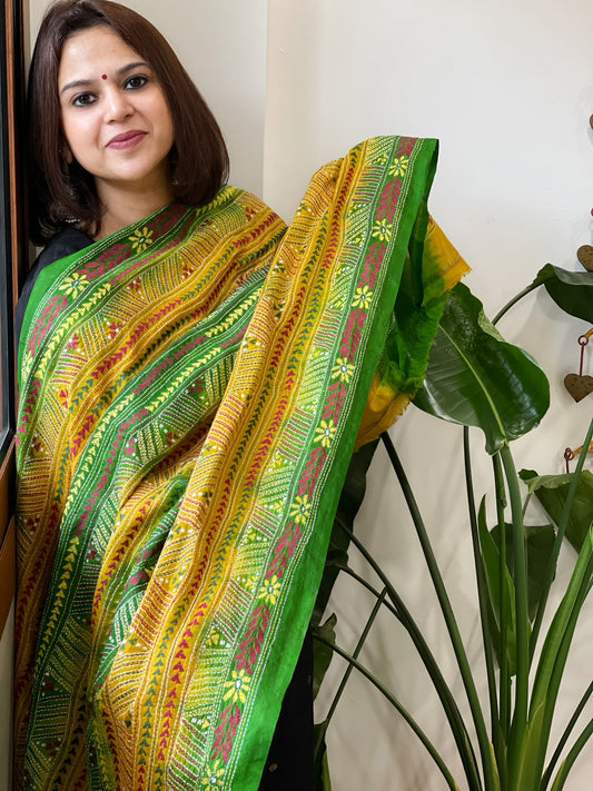 Green and Yellow Handmade Kantha Dupatta in Silk