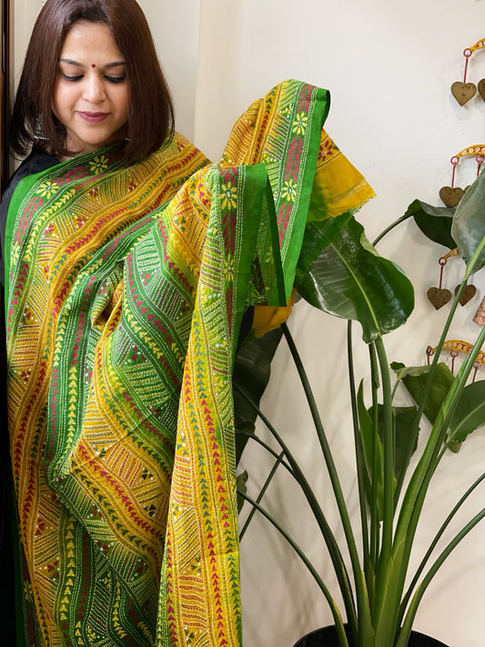 Green and Yellow Handmade Kantha Dupatta in Silk