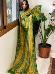 Green and Yellow Handmade Kantha Dupatta in Silk