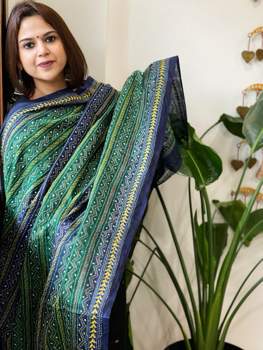 Blue and Green Handmade Kantha Dupatta in Silk