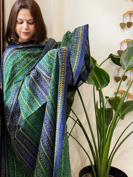 Blue and Green Handmade Kantha Dupatta in Silk